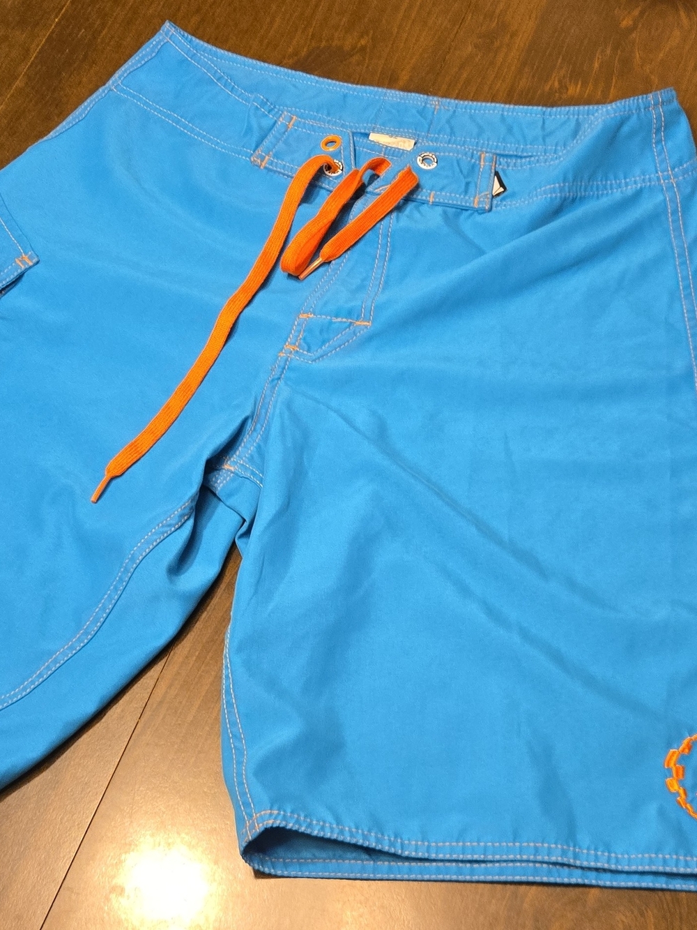Volcom Men's Blue Board Shorts with Orange Drawstring And Embroidered Graphics